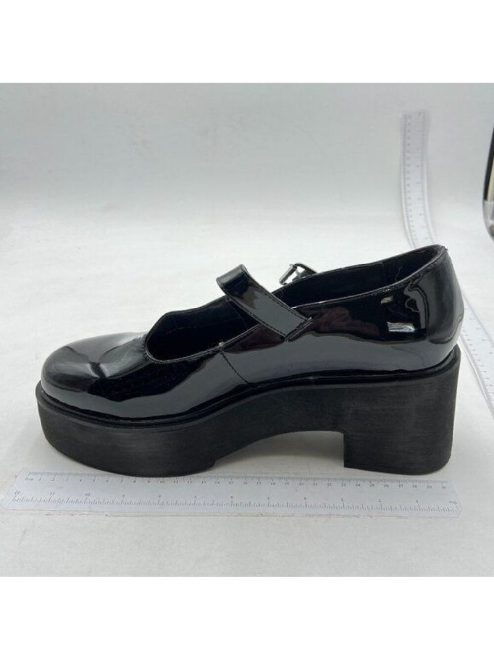 Women's Patent Leather Platform Chunky Block Heels Mary Jane Round Toe Black